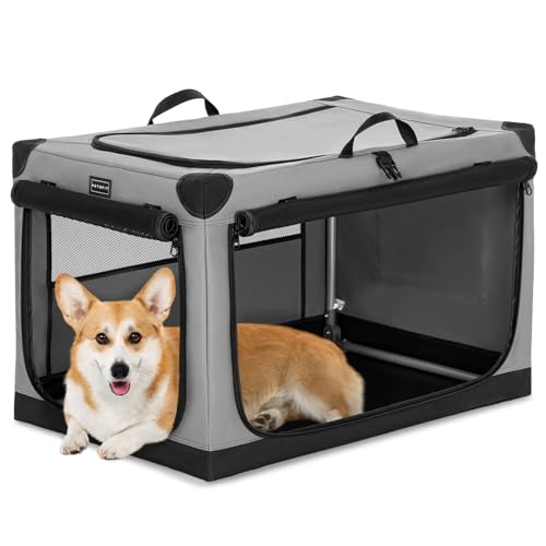 PETSFIT 30" Soft Portable Dog Crate – Patented Spiral Sturdy Frame, Collapsible Travel Kennel for Medium Dogs, 3 Mesh Door, Lockable Zippers, Indoor & Car Use Gray - color: Gray, size: 30.0"L x 20.0"W x 19.0"H