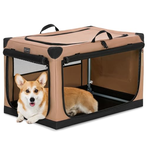 PETSFIT 30" Soft Portable Dog Crate – Patented Spiral Sturdy Frame, Collapsible Travel Kennel for Medium & Large Dogs, 3 Mesh Door, Lockable Zippers, Indoor & Car Use Khaki - color: Khaki, size: 30.0"L x 20.0"W x 19.0"H
