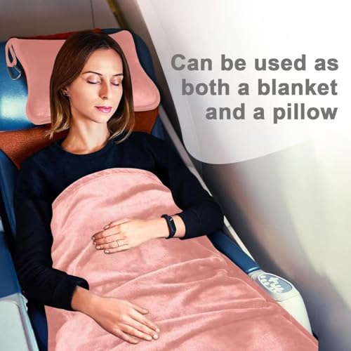 Travel Blanket and Pillow Compact, Premium Soft 2 in 1 Airplane Blanket with Soft Bag Pillowcase，Hand Luggage Sleeve and Backpack Clip (Solid Pink) - color: Solid Pink