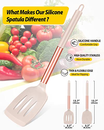 Pack of 2 Silicone Solid Turner, Non Stick Slotted Kitchen Spatulas, High Heat Resistant BPA Free Cooking Utensils, Ideal Cookware for Fish, Eggs, Pancakes(Rose Gold Khaki) - color: Rose Gold Khaki