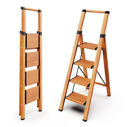 WOA WOA 4 Step Ladder, Ladders for Home, Anti-Slip Pedals, Aluminum Step Stool Foldable, Lightweight to Move, Ease of Storage, Reach 9ft for Closet Kitchen Library, Hold 300lbs - Wood Grain - color: Wood Grain, size: 4 Step