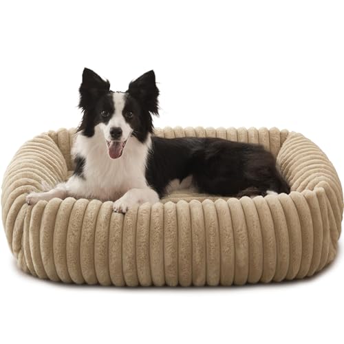 FURTIME Dog Beds Large Sized Dog, Washable Orthopedic Pet Bed with Removable Cover, Rectangle Soft Calming Sleeping Puppy Bed Durable Pet Cuddler with Anti-Slip Bottom, Beige, L(36"x27"x8") - color: Beige, size: L(36"x27"x8")