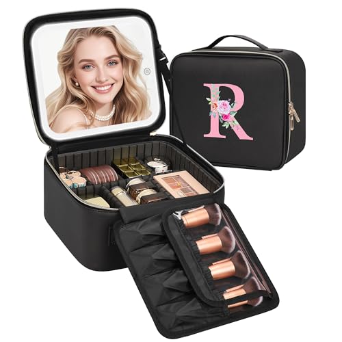 Relavel Initial Makeup Bag with LED Mirror for Women, Personalized Travel Cosmetic Organizer Train Case, Birthday Gifts for Teens Girls Grandkids Graduation Teacher Friends, Trendy Stuff, Black R - color: Black, style: R