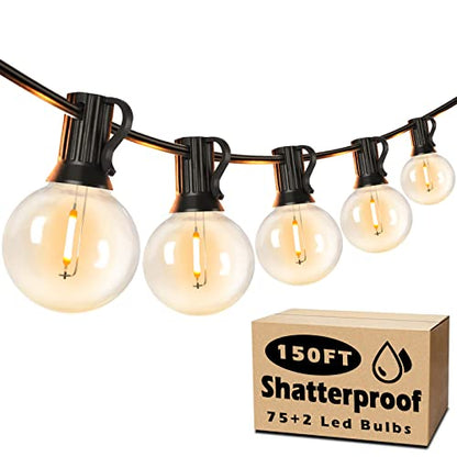 Brightever Outdoor String Light 150FT, Waterproof Dimmable Patio Lights with 75 G40 Globes, Shatterproof Connectable Outside Hanging Light for Backyard Porch - size: 150 FT