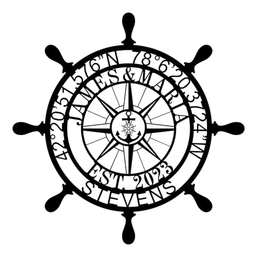 Personalized Nautical Wall Decor Anchor Compass Wall Decor Sign Family Name Sign Custom Longitude and Latitude GPS Coordinates Metal Sign Personalized Ship Wheel Metal Sign Last Name Signs for Home - color: 07