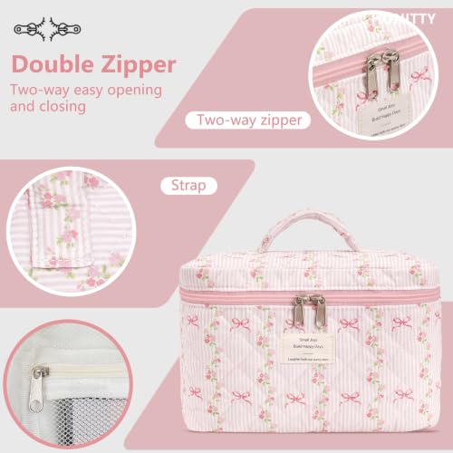 honitty Makeup Bag,Quilted Cosmetic Bags,Large Floral Make Up Organize bag,Makeup Bag Set for Women,Flower Travel Toiletry Bag - color: Striped Bow Tie