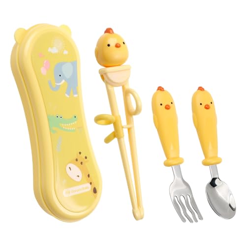 Toddler Utensils Stainless Steel Kids Silverware Set with Kids Spoons and Forks Set and Kids Chopsticks for Self Feeding Learning with Portable Case - color: Yellow