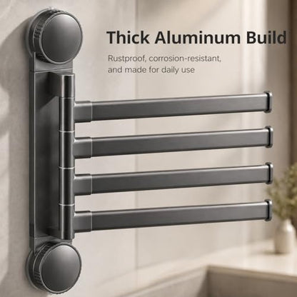 Swivel Towel Rack, 4-Arm Suction Cup Towel Holder, Thicken Aluminum Swing Out Towel Bar, Rustproof Space Saving Towel Hanger for Bathroom and Kitchen (Gun Grey)