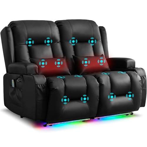 URRED Power Loveseat Recliner Sofa with Massage and Heat, Wall Hugger Reclining Loveseat, RV Couch Home Theater Seating with LED Lights for Living Room (Black, 54" - 2 Seats) - color: Black, size: 54" - 2 Seats