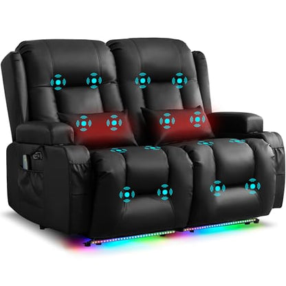 URRED Power Loveseat Recliner Sofa with Massage and Heat, Wall Hugger Reclining Loveseat, RV Couch Home Theater Seating with LED Lights for Living Room (Black, 54" - 2 Seats) - color: Black, size: 54" - 2 Seats