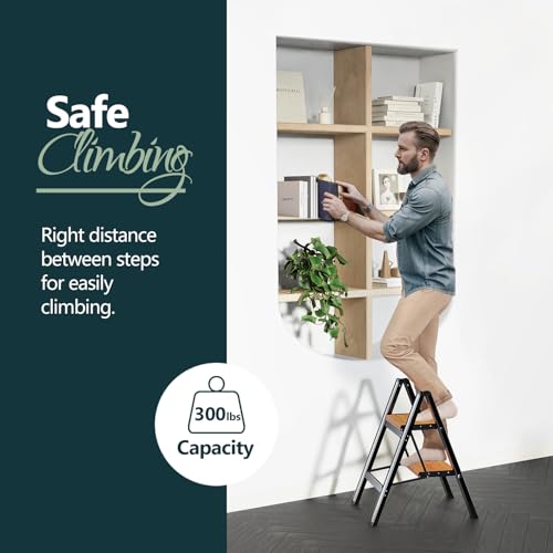 WOA WOA Step Ladder, Widening Pedals for Extra Balance, Lightweight Step Stool, Easy to Move Around, Foldable Ladder, Space Saving, Anti-Slip Stepladder 300 lbs Capacity (2 Step, Black & Wood Grain) - color: Black & Wood Grain, size: 2 Step