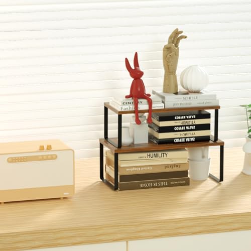 NEX Kitchen Cabinet and Counter Shelf Organizer, Stackable & Expandable, Set of 4, Black and Rustic Brown - 7.7 x 15.6 x 6.2'' - color: Black + Rustic Brown, size: 15.6''W
