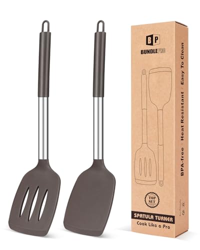 Pack of 2 Silicone Solid Turner, Non Stick Slotted Kitchen Spatulas, High Heat Resistant BPA Free Cooking Utensils, Ideal Cookware for Fish, Eggs, Pancakes(Chocolate) - color: Chocolate