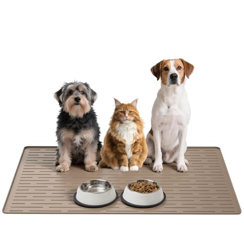Large Dog Mats for Food and Water, 40"x30" Waterproof Pet Food Mats for Floor Nonslip Silicone Bowl Mats with Raised Edges - color: Light Brown, size: 40"L x 30"W