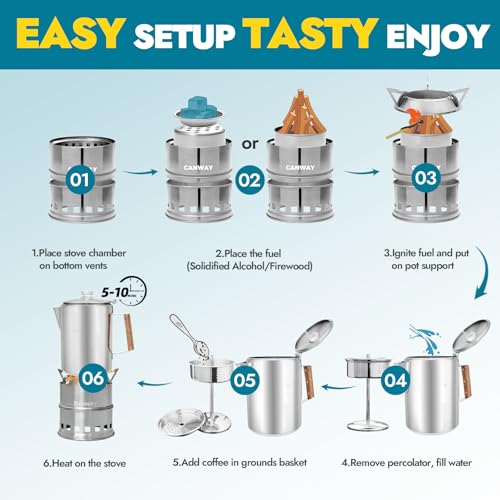 CANWAY Percolator Coffee Pot & Portable Camping Stove Set for Backpacking Hiking Stainless Steel Mini Wood Burning Stove 9 CUP Camping Stovetop Coffee Maker Outdoor Home with Carry Bag - style: Set