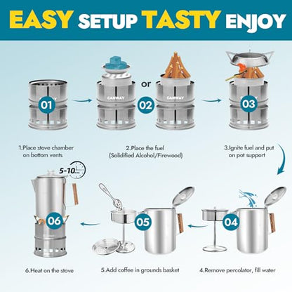 CANWAY Percolator Coffee Pot & Portable Camping Stove Set for Backpacking Hiking Stainless Steel Mini Wood Burning Stove 9 CUP Camping Stovetop Coffee Maker Outdoor Home with Carry Bag - style: Set