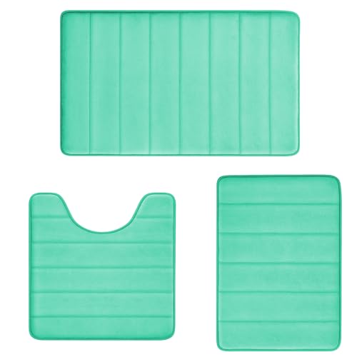EAL Memory Foam Bath Mat Set - 3 Piece Non-Slip, Absorbent Shaggy Mats, Machine Wash, Perfect Plush, U-Shaped Toilet Rug & Living Rug - color: Stripe-teal