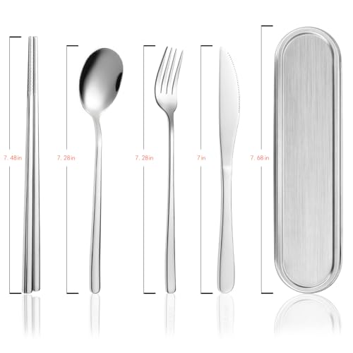 Travel cutlery set, 18/8 stainless steel cutlery, Reusable utensils set with case, Portable Silverware Lunch Box for Camping and Office (Stainless Steel) - color: Stainless Steel
