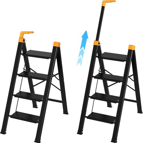 4 Step Ladder with Single-Handrail, Aluminum Step Stool Foldable, Lightweight Sturdy Step Ladder with Anti-Slip Pedals,Convenient Handrail for Home Kitchen Closet, 600lbs Max Load Capacity (Yellow) - color: Yellow, size: 4 steps