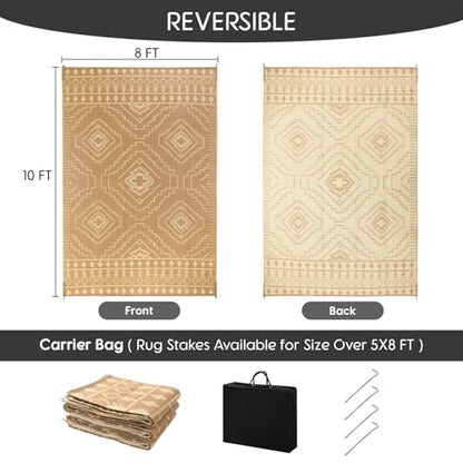 LBRO2M Plastic Straw Outdoor Rug Waterproof Rugs 8X10 UV Resistant Moroccan Geometric Reversible RV Rug for Outside Camping Rugs for Patio, Picnic, Beach (8X10, Brown)