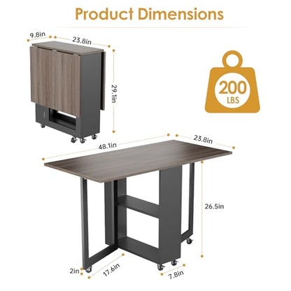 LotFun Folding Dining Table with 2 Storage Racks, Space Saving Dining Table with 6 Wheels, Kitchen Table for Small Spaces - color: Grayish Black + Gray Wood Grain