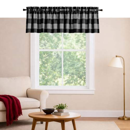 Buffalo Check Rod Pocket Window Valance Curtains 2 Pack, 54x18 Inch Farmhouse Panels for Kitchen, Dining, Living Room, Bathroom, Country Style Home Décor, Light Grey & Black - color: Light Grey, Black, Buffalo, size: 18"W x 54"L (Pack of 2)