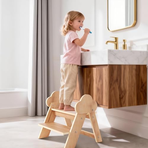 Beech Wooden Toddler Step Stool, 2-Step Foldable Stool for Kids with Non-Slip Surface, Baby Bathroom Stool for Potty Training, Bathroom Sink, Kitchen Counter with Cute Cloud Design - style: Cloud