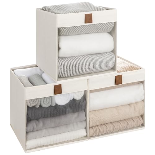 StorageWorks 11x11 Storage Cubes, Closet Storage Bins with Clear Window, Fabric Organizer for Clothes, Collapsible Storage Baskets with PU Handles, Beige, 3-Pack - color: Beige, size: 11"L x 11"W x 11"H