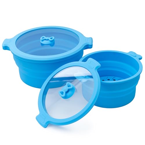 Camping Silicone bowls with Lids Collapsible Bowls for Camping Microwave Collapsible Food Storage Travel Bowl for Outdoor Hiking Camping Kitchen (Blue 2 Pack 0.8L+1.4L) - color: Blue, size: Small (0.8L) and Large (1.4L)