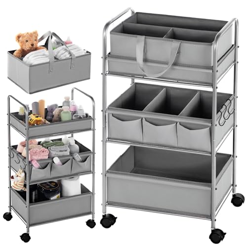 Honeydak 2in1 Baby Diaper Caddy Organizer Cart 3 Tier Large Capacity Metal Utility Bedside Rolling Cart with Divider Newborn Registry Nursery Essential Must Have Crib Bedroom Baby Shower(Gray) - color: Gray