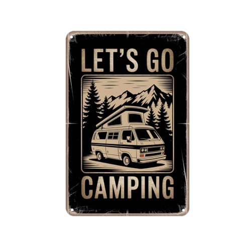 Vintage Campervan Camping Tin Sign, Vintage Mountain Camping Van Metal Sign Print Aesthetic Room Decoration for Home Bedroom Kitchen Bar Dorm Bathroom Wall Decor 8 X 12