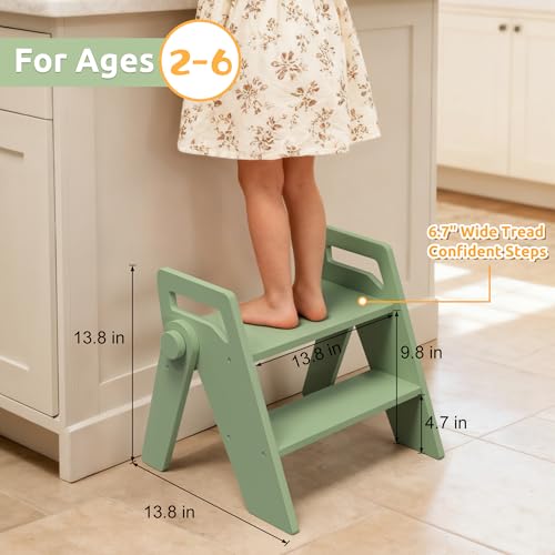 Wooden 2 Step Stool for Toddler Kids Bathroom Foldable 2-Step for Toilet Potty Training, Child Stepping Stool for Kitchen Nursery Bedroom Green - color: Green