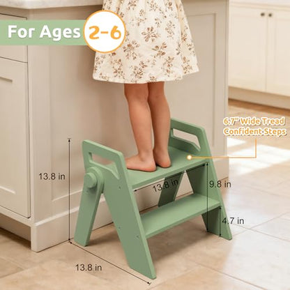 Wooden 2 Step Stool for Toddler Kids Bathroom Foldable 2-Step for Toilet Potty Training, Child Stepping Stool for Kitchen Nursery Bedroom Green - color: Green
