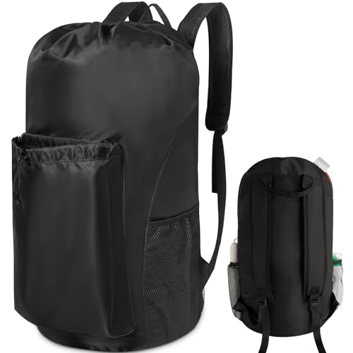 Polecasa Extra Heavy-Duty Backpack Laundry Bag 13.5x29"- Large Drawstring bag with Comfortable Padded Shoulder Straps & 4 Pockets & ID Tag for Dorm, College, Travel, Black - color: Black, size: 13.5" x 29"