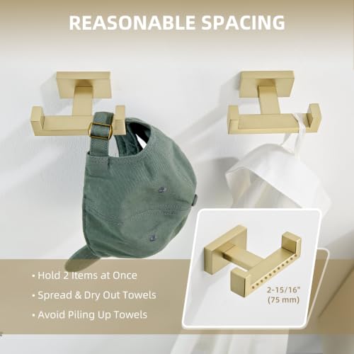 Angle Simple Double Towel Hook, SUS304 Stainless Steel Hand Towel Holder, Bathroom Robe Coat Hook for Wall, Brushed Gold, 2 Pack - color: Brushed Gold, size: 2 Pack
