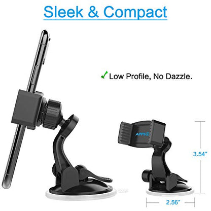APPS2Car Suction Cup Phone Holder for Car with Adjustable Arm, Low Profile Dashboard Phone Mount Compact Windshield Window Dash Mobile Stand Compatible w/All iPhone and Android Cell Phones