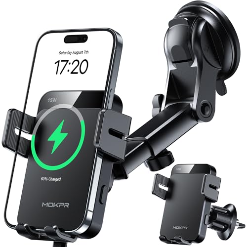 MOKPR Wireless Car Charger, 15W Auto Clamping Car Charger Dash Windshield Air Vent Phone Holder Compatible with iPhone 16 15 14/13/13 Pro/12 pro/12/11/X/8, Samsung S24/S23/S22 - color: Gray