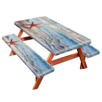 Park Picnic Table Cover with Bench Covers Lightweight Camping Essentials, Oil-Proof Waterproof 3PCS Tablecloth with Elastic, Fitted for Table 6FT Rectangle and Seats, Board Beach (72x30in) - color: Board Beach