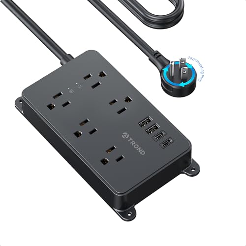 TROND Surge Protector Power Strip with 360° Rotating Plug, 10ft Extension Cord, ETL Listed, 5 Widely-Spaced Outlets with 4 USB Ports, 1300J Surge Protector, Wall Mountable, for Home Office, Black - color: Black, size: 10ft, style: 5 Outlets - with Rotatin