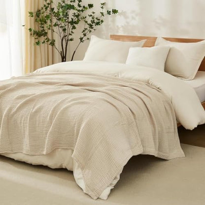 EMME Cotton Blanket King Size for Bed Soft Muslin Blankets 108"x90" Beige Lightweight Breathable Layering Bedspread Coverlet All Season Gauze - color: 02 - Beige, size: King (108" x 90")