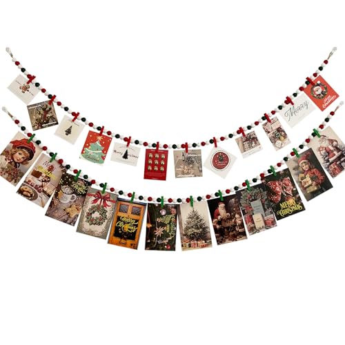 2PCS Christmas Hanging Photo Display with 12 Clips, Wooden Bead Garland, Photo Frame Decoration for Dorms, Classrooms, Bedrooms, Hanging Display Card Holder - color: Christmas