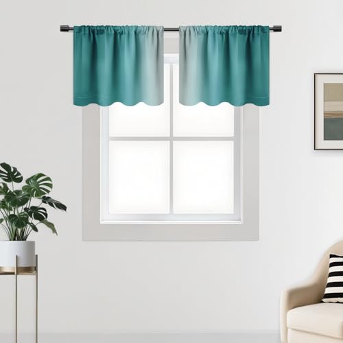 SimpleHome Teal Small Curtains Waterproof Soft Rod Pocket Valance for Kitchen, Rod Pocket Room Darkening Waterproof Valances for Cafe/RV Camper, 2 Panels, 42x18 inches Length - color: Teal, size: 42"W x 18"L (Pack of 2)