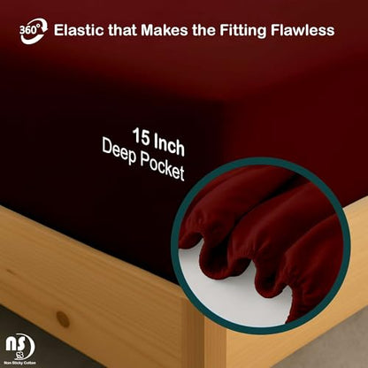 NON Sticky cotton 4 Piece Premium Egyptian Cotton Full Bed Sheet Set, 15" Deep Pocket Fitted, Easy Care, Soft Sheets for Bedroom and Home Mattress, 54" x 75", Burgundy Solid - color: Burgundy Solid, size: Full