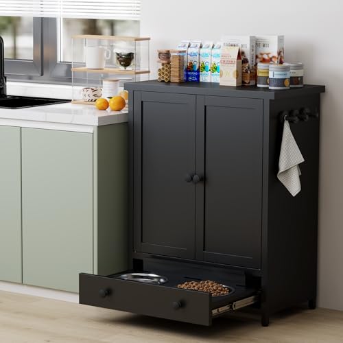Dog Feeding Station with Storage, Metal Dog Food Storage Cabinet with 2 Elevated Bowls and 3 Hooks, Pet Feeding Station and Food Storage Organizer, Black - size: Metal Black
