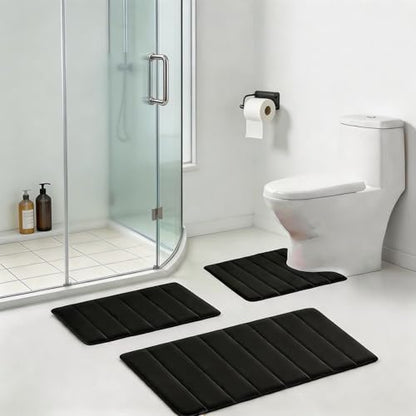 Bathroom Rugs Set Memory Foam Bath Rugs Non-Slip Bath Mat Set 3 Piece,Washable Bathroom Mats,Absorbent Shaggy Rugs Super Soft U-Shaped Toilet Rug,Bahroom Carpets for Bathroom,Tub,Shower（Black） - color: Black