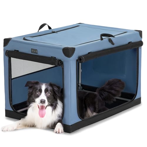 PETSFIT 36" Soft Portable Dog Crate – Patented Spiral Sturdy Frame, Collapsible Travel Kennel for Medium & Large Dogs, 3 Mesh Door, Lockable Zippers, Indoor & Car Use Blue - color: Blue, size: 36.0"L x 24.0"W x 23.0"H