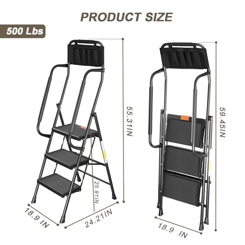 Valeo 3 Step Ladder with Handrails,500 Lbs Capacity,Folding Step Stool Ladder with Attachable Tool Bag,Lightweight & Storage Step Ladder 3 Step Folding,Multi-use for Home,Kitchen,Office,Black - style: 3 Step Ladder with Handrails