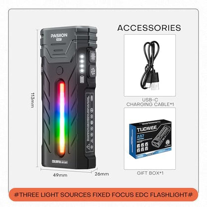 EDC Rechargeable Flashlight 3250 Lumens with RGB Light,55 Modes Multifunctional Flat Flashlight with Floodlight,Spotlight and Magnetic Base,Waterproof USB C Flashlight for Camping,Home,Emergencies - size: Black