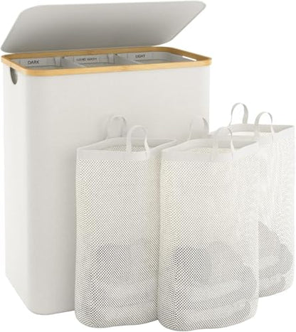 Extra Large 3 Section Dirty Clothes Laundry Basket with Lid, Dirty Clothes Hampers with Removable Bags for bedroom and Laundry Room, Beige - color: Beige, size: 145L