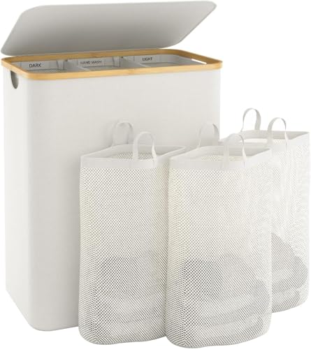 Extra Large 3 Section Dirty Clothes Laundry Basket with Lid, Dirty Clothes Hampers with Removable Bags for bedroom and Laundry Room, Beige - color: Beige, size: 145L